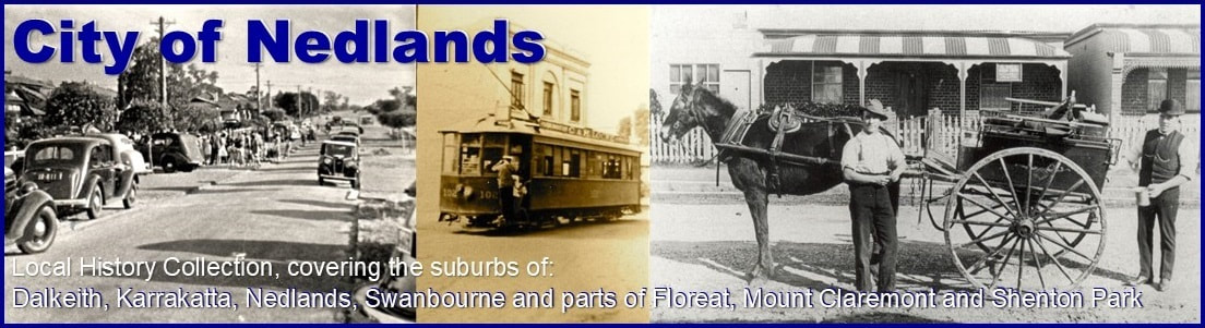 Photo collage containing three images of various forms of transport through the history of the City of Nedlands including cars, trams and horse and cart.